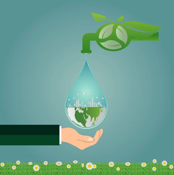 Ecologia, economizar água reciclagem de energia limpa e mão segurando, cidades verdes ajudar o mundo com ideias conceito eco-amigáveis. ilustração vetor — Vetor de Stock