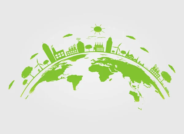 생태.녹색 도시는 지구상의 친환경 개념 아이디어로 세상을 돕습니다.벡터 일러스트레이션 — 스톡 벡터