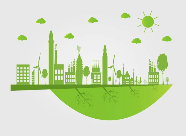 Экология.Зеленые города помогают миру экологически чистыми идеями концепций. — стоковый вектор