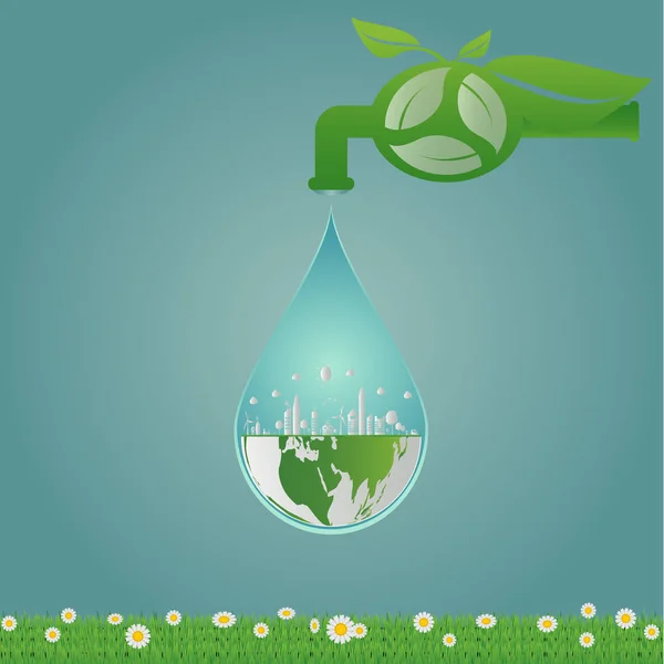 Ökológia, víz tiszta energia újrahasznosítás, zöld városok segítik a világot a környezetbarát koncepció ötleteket. vektor illustratio — Stock Vector