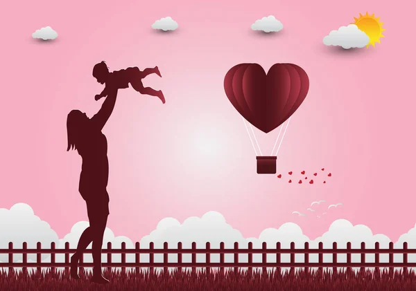 情人节气球在心形飞舞的草地上，以纸艺术风格。矢量插画 — 图库矢量图片