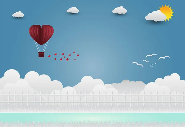 Globos de San Valentín en forma de corazón volando sobre hierba ver fondo, estilo de arte de papel. vector ilustrador — Vector de stock