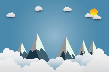 bulutlar üzerinde güzel günbatımı ile dağlar.paper art.vector illustratio