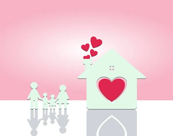 Famille heureuse à la maison.Maman et papa se tiennent main dans la main avec garçon & girl.Heart à l'intérieur de la maison sur fond rose — Image vectorielle