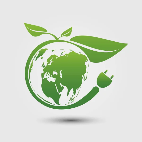 Earth symbol with green leaves around.Ecology.Green cities help the world with eco-friendly concept ideas — Stock Vector