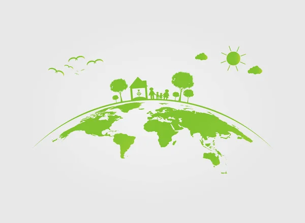 Ekologi, träd på jorden städer hjälpa världen med miljövänliga koncept idéer. vektor illustration — Stock vektor