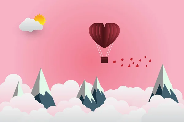 Día de San Valentín globo en forma de corazón flotando en el cielo y hermosas montañas cloud.paper art.vector ilustración — Vector de stock