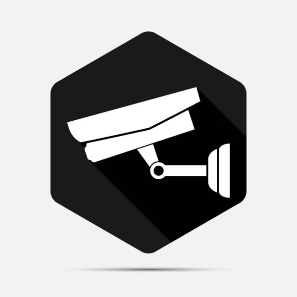 CCTV camera geïsoleerd op witte achtergrond met lange schaduw zwart, eenvoudige ontwerp stijl. vector illustratie — Stockvector