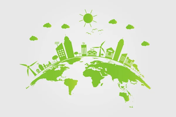 Ekologi. gröna städer hjälpa världen med miljö vänliga koncept idéer. vektor illustratio — Stock vektor