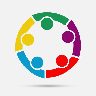 Daire içinde beş kişilik bir grup. Takım çalışması toplantısı.insanlar odada buluşuyor. Güçlü birleşik kuvvetler.