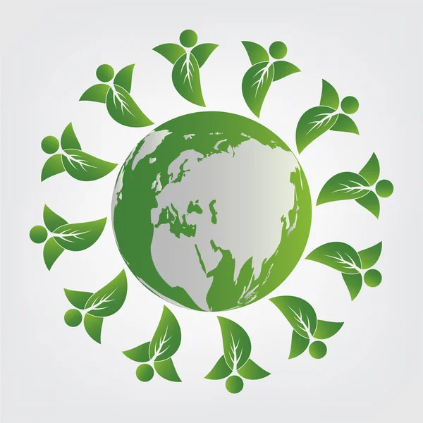 Ecologia concept.green trabalho em equipe deixa com em torno do globe.Vector ilustração — Vetor de Stock