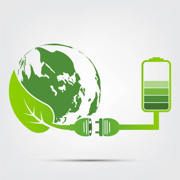 Green Earth Konzept Netzstecker verlässt Ökologie Batterie Emblem. Vektor Illustration — Stockvektor