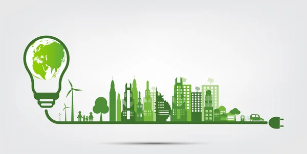 Ecologie concept, de wereld is in de energiebesparende gloeilamp groen, vector illustratie — Stockvector