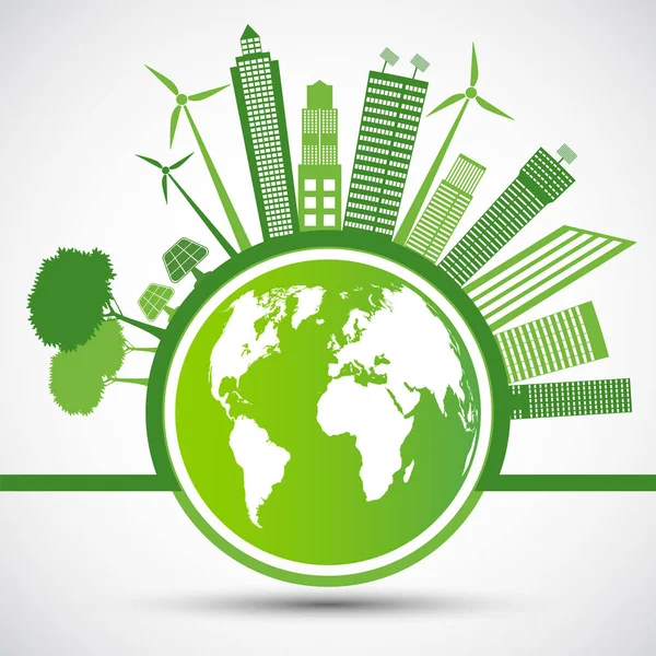 Экология и экологическая концепция, символ Земли с зелеными листьями вокруг городов помогают миру с экологически чистыми идеями, векторной иллюстрацией — стоковый вектор