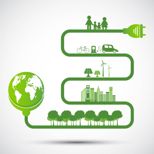 Экология и экологическая концепция, символ Земли с зелеными листьями вокруг городов помогают миру с экологически чистыми идеями, векторной иллюстрацией
