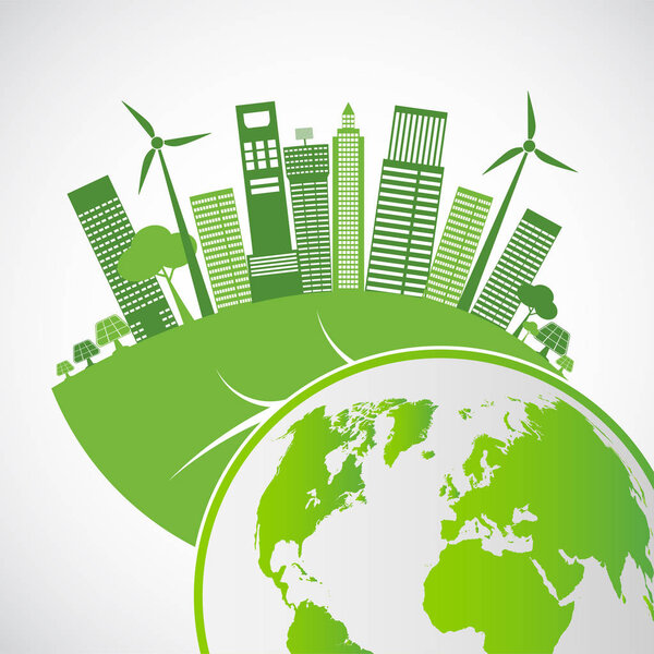 Экология и экологическая концепция, символ Земли с зелеными листьями вокруг городов помогают миру с экологически чистыми идеями