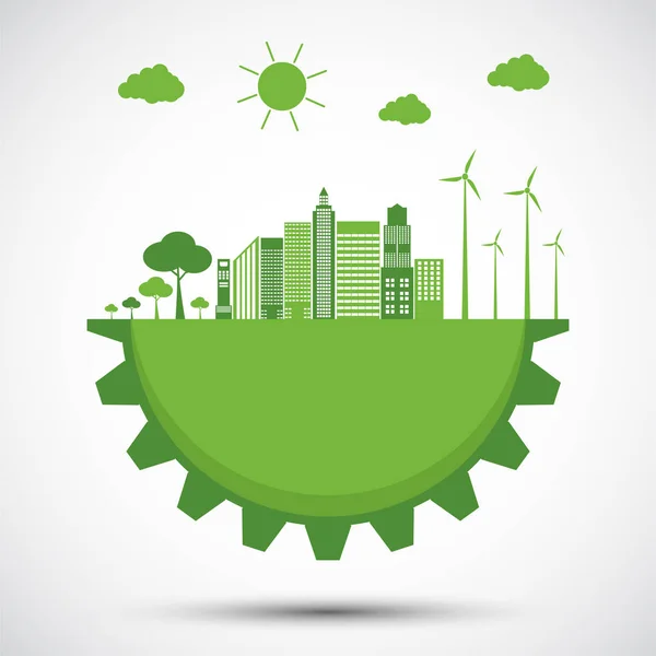 Ekologie a environmentální koncepce, symbol země s zelenými listy po městech pomáhají světu s ekologickými nápady, vektorovou ilustrací — Stockový vektor