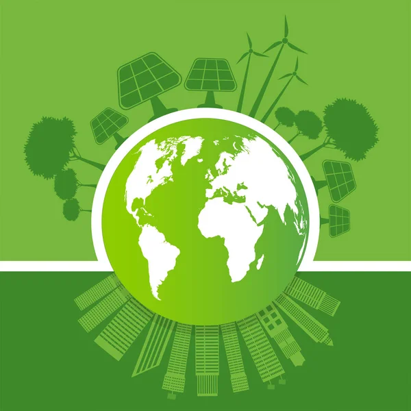 Экология и экологическая концепция, символ Земли с зелеными листьями вокруг городов помогают миру с экологически чистыми идеями, векторная иллюстрация — стоковый вектор