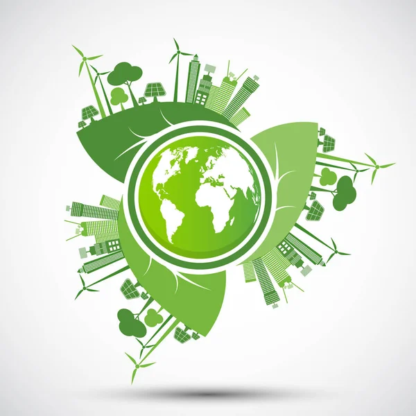 Ökologie und Umweltkonzept, Erdsymbol mit grünen Blättern in Städten helfen der Welt mit umweltfreundlichen Ideen, Vektorillustration — Stockvektor