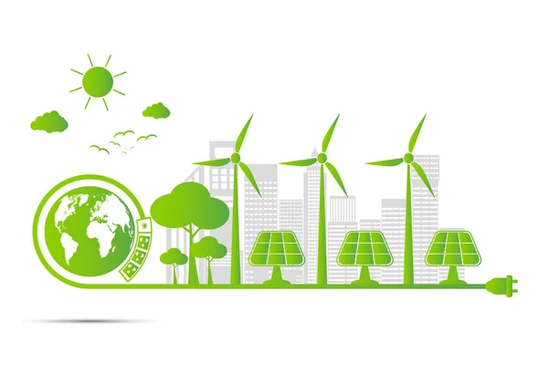 Ecologia e concetto ambientale, il simbolo della terra con foglie verdi in giro per le città aiuta il mondo con idee eco-compatibili, illustrazione vettoriale — Vettoriale Stock