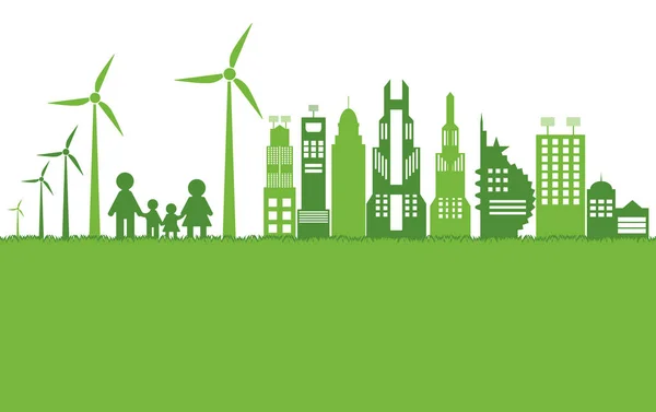 녹색 생태 도시는 환경 친화적 인 개념 아이디어와 함께 세계를 도와, 벡터 일러스트 레이션 — 스톡 벡터
