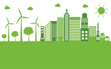 Yeşil ekoloji şehri çevre dostu konsept fikirleri ile dünyaya yardım, vektör Illustration