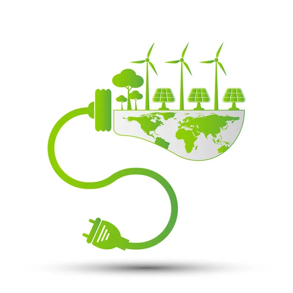 Écologie et concept environnemental, symbole de la Terre avec feuilles vertes autour des villes aident le monde avec des idées respectueuses de l'environnement, illustration vectorielle — Image vectorielle
