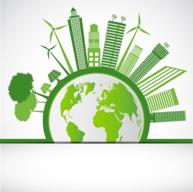 Ekoloji ve Çevre Kavramı, Şehirler Etrafında Yeşil Yaprakları ile Earth Sembolü Çevre Dostu Fikirler ile Dünya Yardım, Vektör İllüstrasyon