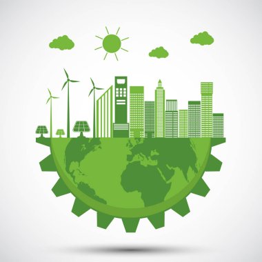 Ekoloji ve çevre kavramı, Earth symbol şehirler etrafında yeşil dişli Ile çevre dostu fikirler Ile dünya yardım 
