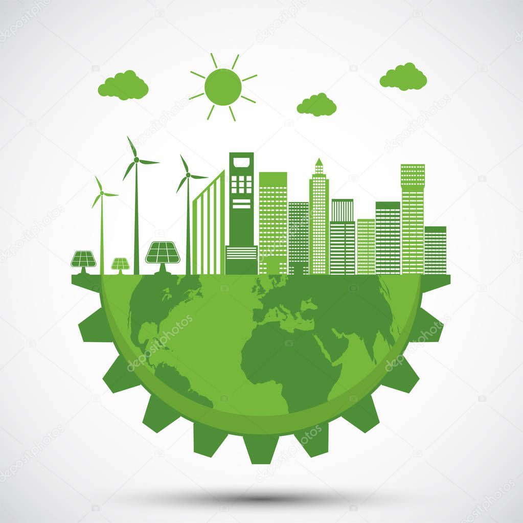 Ecology and Environmental Concept, Earth Symbol With Green Gear Around Cities Help The World With Eco-Friendly Ideas 