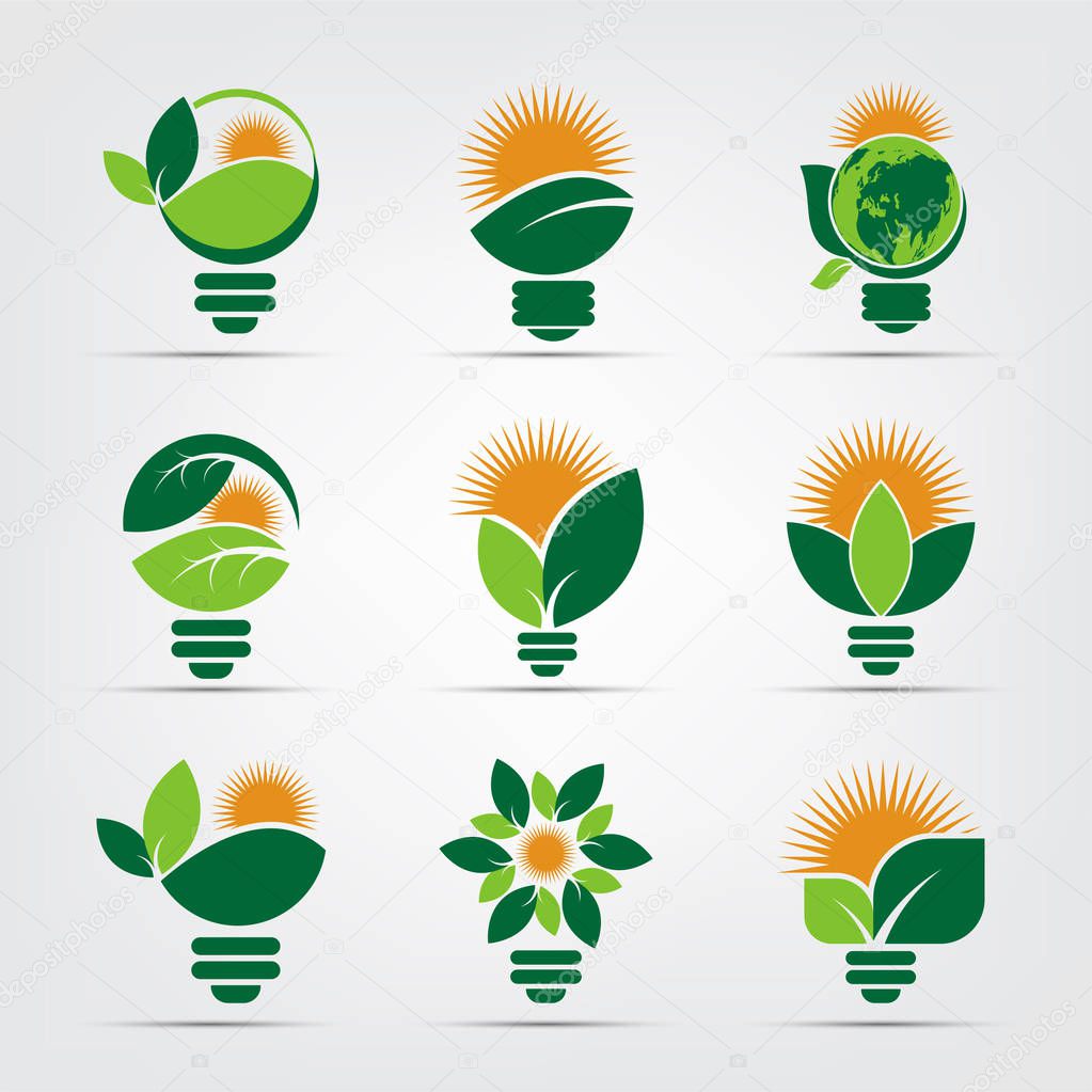 symbol ecology bulb logos of green with sun and leaves nature element icon on white background.vector illustrator
