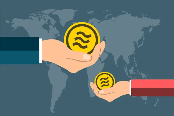 Weegschaal munt hand holding. Geef een medaille bitcoin op achtergrond kaart wereld. Vector Illustrator — Stockvector