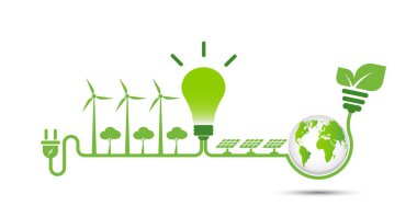 Enerji fikirleri dünya kavramı kurtarmak güç fiş yeşil ekoloji beyaz arka plan üzerinde Izole, vektör Illüstrasyon 
