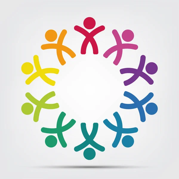 Grupp om tio personer i cirkel. hålla händerna. Toppmötets arbetstagare träffas i samma makt rum. — Stock vektor