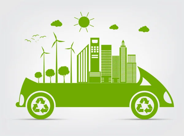 Ecología y concepto de paisaje urbano ambiental, Símbolo de coche con hojas verdes alrededor de las ciudades ayudan al mundo con ideas ecológicas — Vector de stock