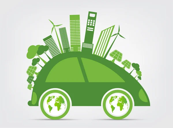 Ecología y concepto de paisaje urbano ambiental, Símbolo de coche con hojas verdes alrededor de las ciudades ayudan al mundo con ideas ecológicas — Vector de stock