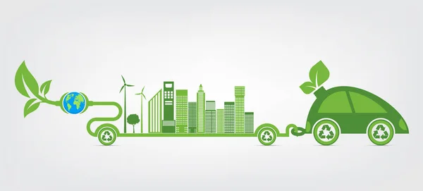 Ekologie a ekologická koncepce Cityscape, symbol automobilu s zelenými listy kolem měst pomáhá světu s ekologickými nápady — Stockový vektor