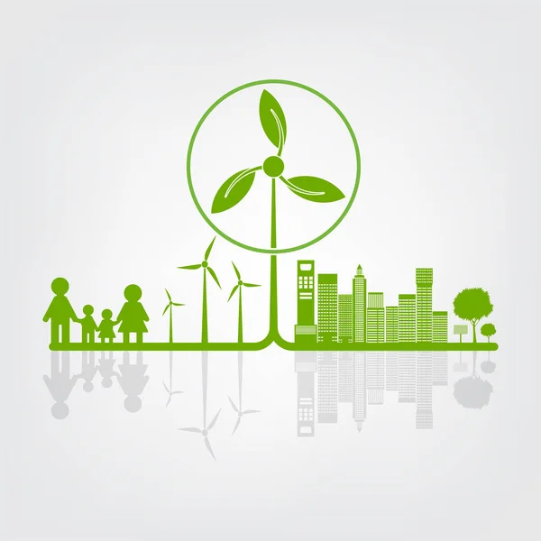 Ecologie en milieuconcept, het symbool van de aarde met groene bladeren in de buurt van steden helpen de wereld met milieuvriendelijke ideeën — Stockvector