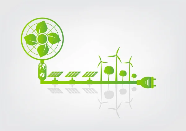 Ecología y concepto del ventilador, símbolo de la tierra con hojas verdes alrededor de las ciudades ayudan al mundo con ideas ecológicas — Vector de stock