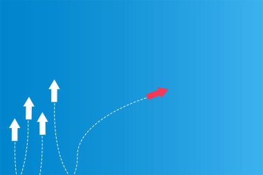Mavi arka plan üzerinde yönler Ok Kırmızı ve beyaz kağıt ve rota çizgileri ile liderlik veya farklı kavramlar var 