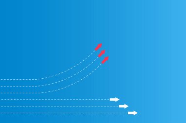 Mavi arka plan üzerinde yönler Ok Kırmızı ve beyaz kağıt ve rota çizgileri ile liderlik veya farklı kavramlar var 