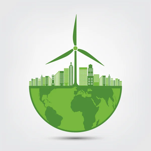 Ecología y concepto ambiental, símbolo de la tierra con hojas verdes alrededor de las ciudades ayudan al mundo con ideas ecológicas — Vector de stock