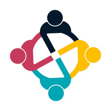 Grup üyeleri bir çember içinde logo tokalaşması, Takım çalışması simgesi. Vektör çizici 