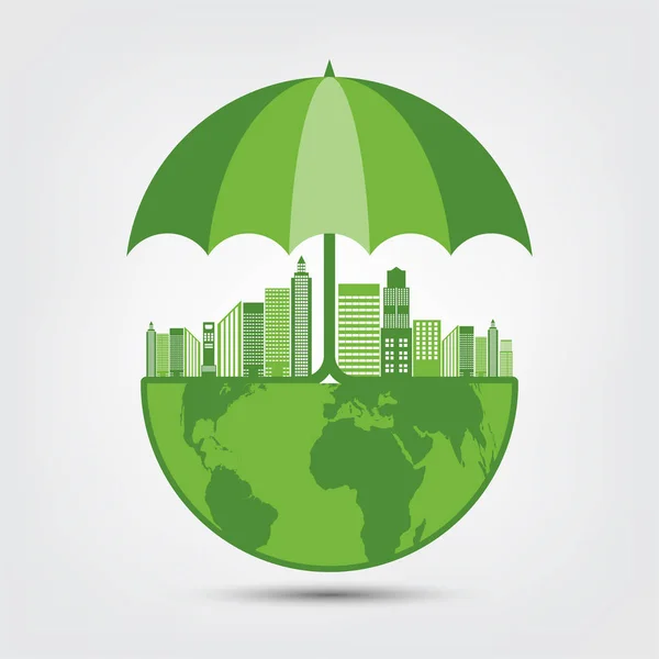 Ecología y concepto ambiental, símbolo de la tierra con hojas verdes alrededor de las ciudades ayudan al mundo con ideas ecológicas — Archivo Imágenes Vectoriales