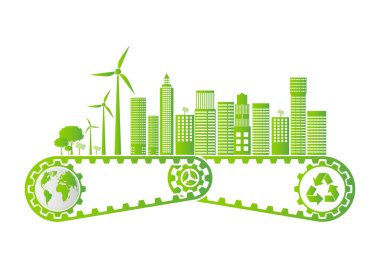 Ekoloji tasarrufu dişli kavramı ve çevresel sürdürülebilir enerji geliştirme, vektör illüstrasyon 