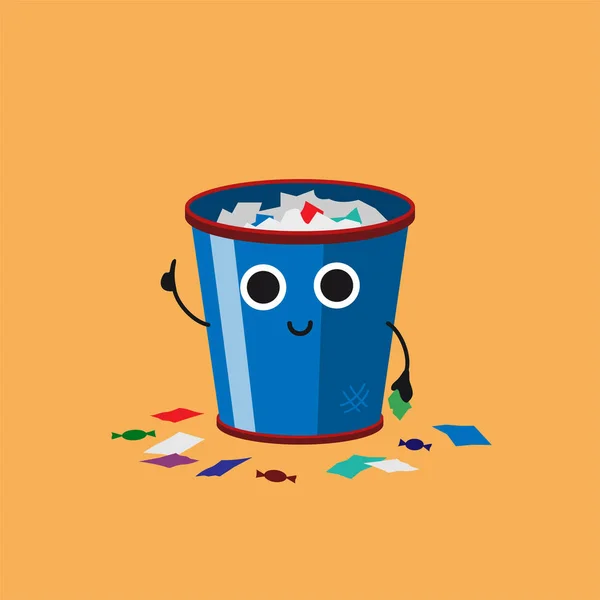 Sonriendo lindo bote de basura desbordante con basura de papel multicolor, tarjeta Habituate niño o cartel . — Vector de stock