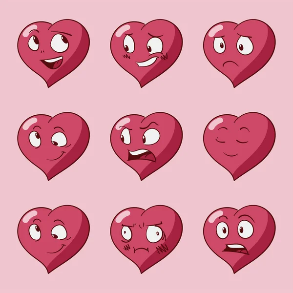 Funny cartoon heart character emotions, St Valentines vector icons set on rose background