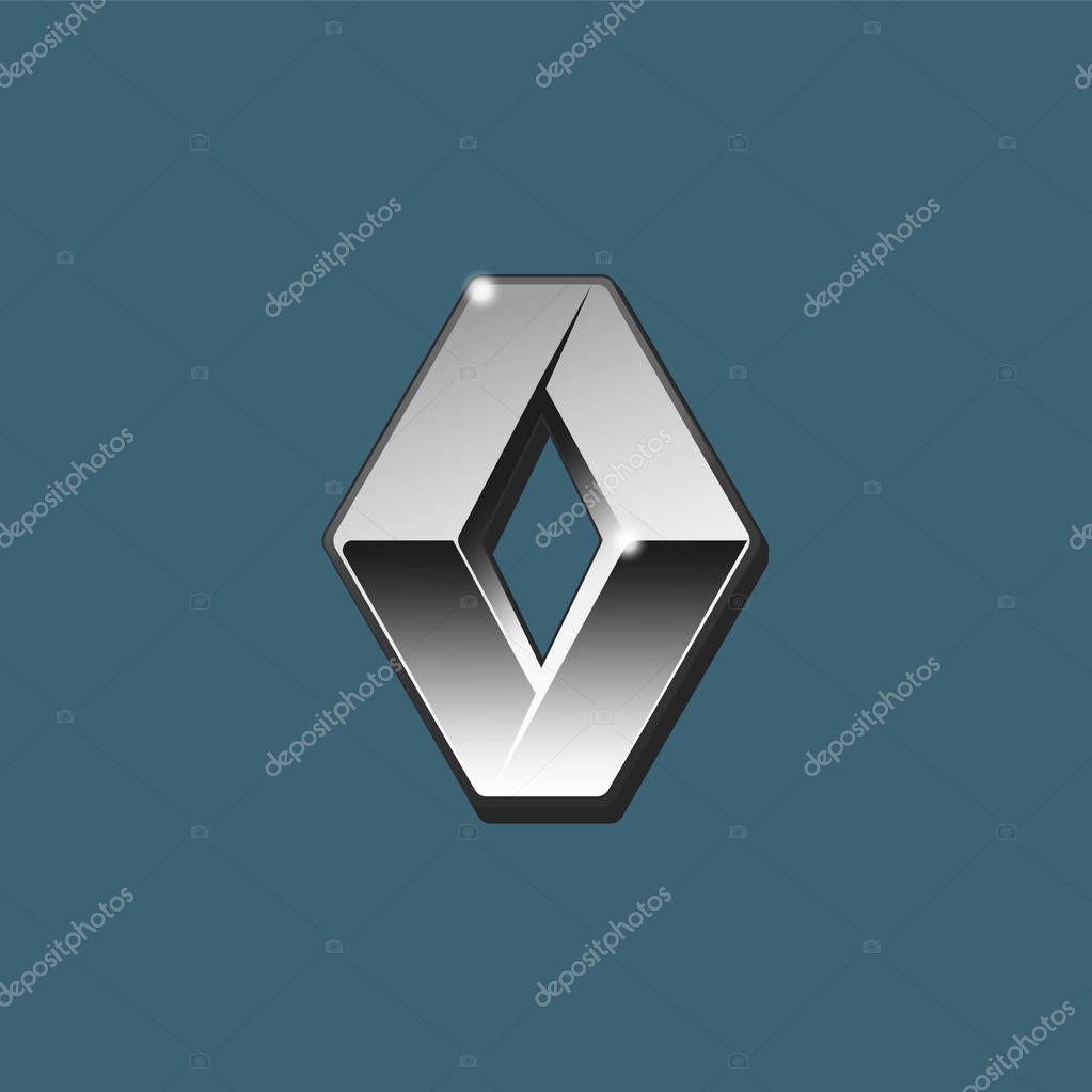 Vector of siver 3D Renault logo with black side on blue background.