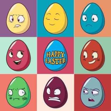 Paskalya yumurta emoji küme. Şirin komik duygusal simgeler. Mutlu ifadeler. Vektör çizim.