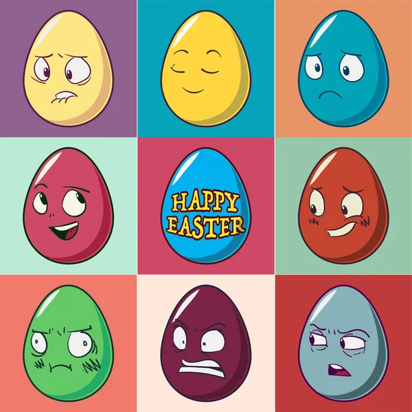 Paskalya yumurta emoji küme. Şirin komik duygusal simgeler. Mutlu ifadeler. Vektör çizim.